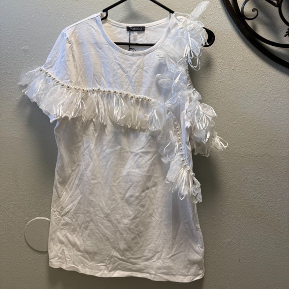 Cqbycq Tops - White‎ Ruffle Pearl Embellished Top Romantic Statement Elegant Feminine Blouse M
